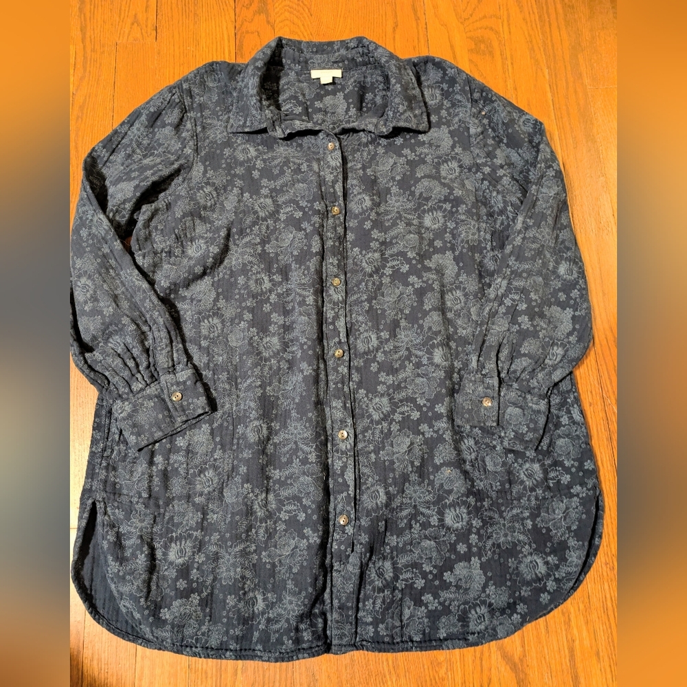 J Jill PureJill Cotton Gauze Blue Tunic Button Down Blouse XL